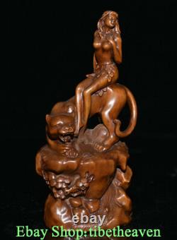 6.8 Old Chinese Boxwood Handwork Beautiful Woman Seat Leopard Base Sculpture
