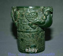 6.8 Old Chinese Green Jade Carving Dynasty Beast Ears Vessel Bottle Vase Jar