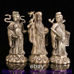 6.8 Old Chinese Silver Feng Shui 3 Longevity God Fu Lu Shou Life Statue Set