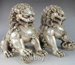 6 A Pair Chinese Silver Bronze Fu Foo Dog Guardian lion Statue