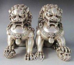 6 A Pair Chinese Silver Bronze Fu Foo Dog Guardian lion Statue