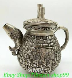 6 Antiques Old Chinese Qianlong Marked Tibet Silver Fish Fishs Flagon Wine pot