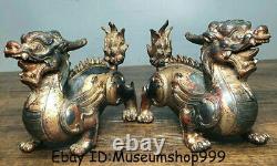 6 Old Chinese Bronze Gilt Feng Shui Pixiu Fly Beast unicorn Lucky Statue Pair