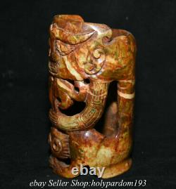 6 Old Chinese Hongshan Culture Jade Carving Beast Face Yu Zong Cong Statue