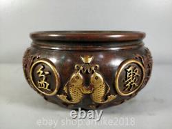 7.2 Old Chinese Dynasty Purple Copper Gilt Fengshui Pair Fish Bat Treasure Bowl