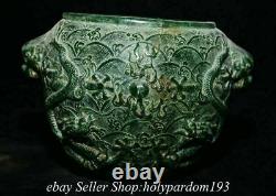 7.2 Old Chinese Green Jade Carved Fengshui Double Dragon Play Bead Jar Pot
