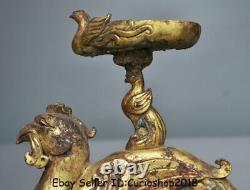7.6 Antique Chinese Bronze 24K Gilt Gold Dynasty Birds Zun Statue Candle Holder