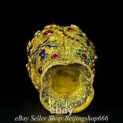 7.6 Old Chinese Copepr 24K Gold Gilt Filigree Gems Bottle Vase Pair