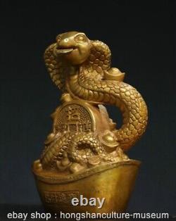 7.6 Old Chinese Copper Gilt Fengshui 12 Zodiac Coin Animal Snake Wealth Statue