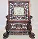 7.8 Antique Chinese Wood Table Screen With 2 Carved White Jade Chilong Dragon