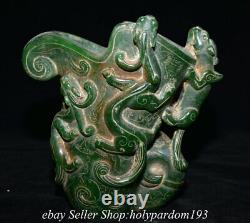 8.2 Old Chinese Green Jade Carved Dynasty Dragon Beast Wine Cup Statue