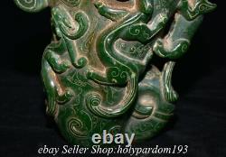 8.2 Old Chinese Green Jade Carved Dynasty Dragon Beast Wine Cup Statue