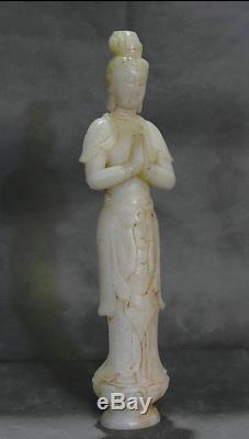 8.4 Antique Chinese Buddhism Natural White Jade Carved Kwan-Yin Guan Yin Statue