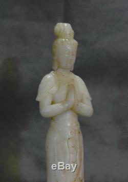 8.4 Antique Chinese Buddhism Natural White Jade Carved Kwan-Yin Guan Yin Statue