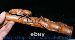 8.4 Old Chinese Boxwood Hand-carved Feng Shui Bamboo 2 Cicada Sculpture