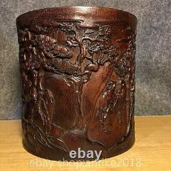 8.4 Old Chinese Rosewood Carved Dynasty Palace People Brush Pot Pencil Vase