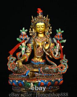 8.4 Old Tibet Buddhism Copper Inlay Dzi Beads Gem Green Tara Buddha Statue
