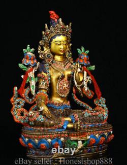 8.4 Old Tibet Buddhism Copper Inlay Dzi Beads Gem Green Tara Buddha Statue