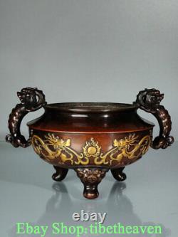 8.6 Old Chinese Red Copper Gold Dynasty Palace Dragon Foo Dog Lion Censer
