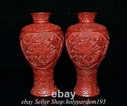 8.8 Marked Old Chinese Red Lacquerware Fengshui Flower Bird Bottle Vase Pair