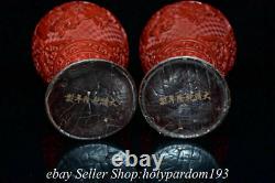 8.8 Marked Old Chinese Red Lacquerware Fengshui Flower Bird Bottle Vase Pair