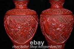 8.8 Marked Old Chinese Red Lacquerware Fengshui Flower Bird Bottle Vase Pair