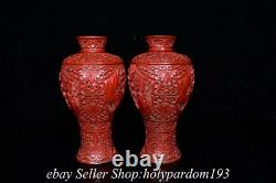 8.8 Marked Old Chinese Red Lacquerware Fengshui Flower Bird Bottle Vase Pair