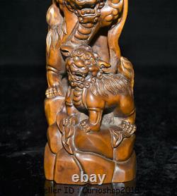 8 Old Chinese Boxwood Wood Carved Fengshui Foo Fu Dog Guardion Lion Ball Statue