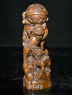 8 Old Chinese Boxwood Wood Carved Fengshui Foo Fu Dog Guardion Lion Ball Statue