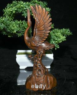 8 Old Chinese Boxwood Wood Hand Carved red-crowned crane Birds Statue Sculpture