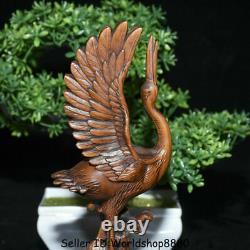 8 Old Chinese Boxwood Wood Hand Carved red-crowned crane Birds Statue Sculpture