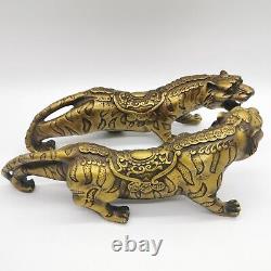 9.25 Chinese Brass Fengshui Zodiac Animal Tigers Beasts King Statue Pair 1358g