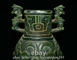 9.2 Old Chinese Green Jade Carved Fengshui Dragon Beast Double Ear Bottle Jar T