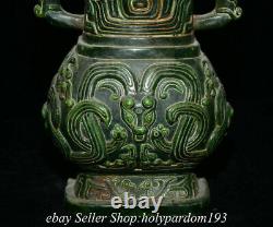 9.2 Old Chinese Green Jade Carved Fengshui Dragon Beast Double Ear Bottle Jar T