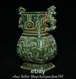 9.2 Old Chinese Green Jade Carved Fengshui Dragon Beast Double Ear Bottle Jar T