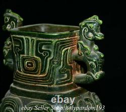 9.2 Old Chinese Green Jade Carved Fengshui Dragon Beast Double Ear Bottle Jar T