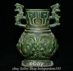 9.2 Old Chinese Green Jade Carved Fengshui Dragon Beast Double Ear Bottle Jar T