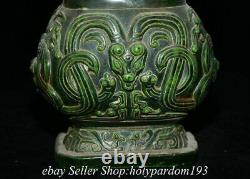 9.2 Old Chinese Green Jade Carved Fengshui Dragon Beast Double Ear Bottle Jar T