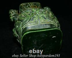 9.2 Old Chinese Green Jade Carved Fengshui Dragon Beast Double Ear Bottle Jar T