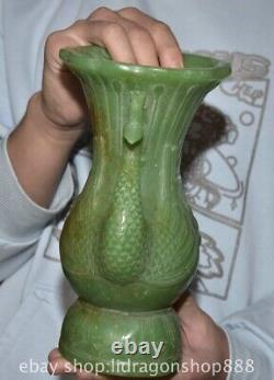 9.2 Old Chinese Green Jade Carved Phoenix Zun Cup Bottle Vase Statue