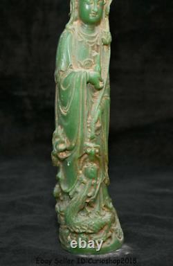 9.4Old Chinese Natural Green Jade Carved Kwan-Yin Guan Yin Goddess Lotus Statue