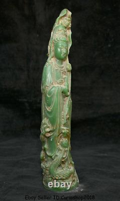 9.4Old Chinese Natural Green Jade Carved Kwan-Yin Guan Yin Goddess Lotus Statue