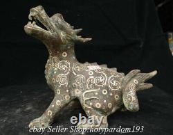 9.6 Ancient Chinese Bronze Ware Silver Fengshui God Beast Qilin Kylin Statue