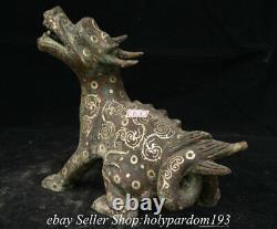 9.6 Ancient Chinese Bronze Ware Silver Fengshui God Beast Qilin Kylin Statue