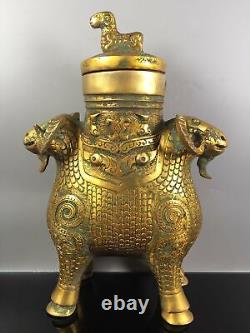 9.6 Chinese Old Antique Gilt Bronze Ware Double Sheep Zun Pot