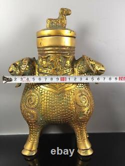 9.6 Chinese Old Antique Gilt Bronze Ware Double Sheep Zun Pot