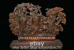 9.8 Chinese Boxwood Hand-carved Fengshui Fu Lu Shou 3 God Tree Screen Statue