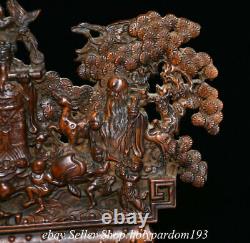 9.8 Chinese Boxwood Hand-carved Fengshui Fu Lu Shou 3 God Tree Screen Statue