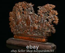 9.8 Chinese Boxwood Hand-carved Fengshui Fu Lu Shou 3 God Tree Screen Statue