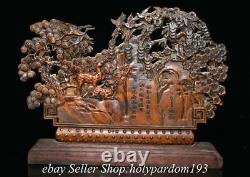 9.8 Chinese Boxwood Hand-carved Fengshui Fu Lu Shou 3 God Tree Screen Statue